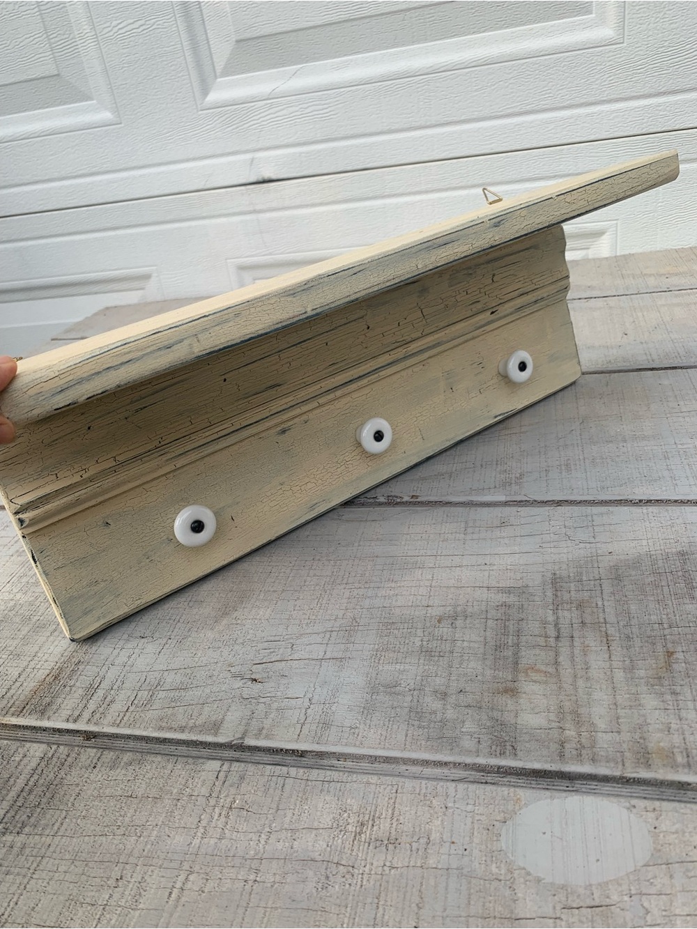 Vintage Farmhouse Wall Shelf with 3 Shaker Pegs Distressed White 17.5” Coat Rack